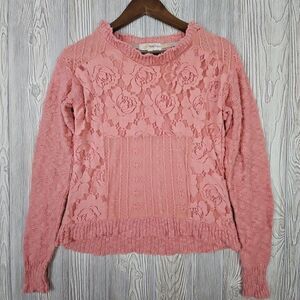 Rewind Sweater Womens Small Pink Floral Lace Knit Ruffled Hem Collar Cottagecore